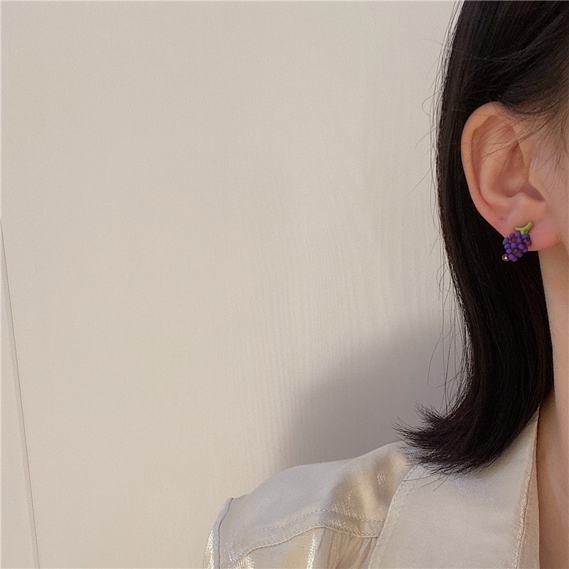 Korean Style Crystal Sun Flower Strawberry Grape Asymmetric Earrings Sweet Girls Fruit Stud Earrings