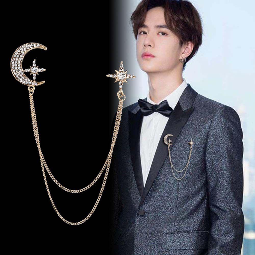 Mxbeauty Bros Bulan Bintang Elegan Warna Perak Romantis Jas Baju Bros Warna Emas Rumbai Rantai Berlian Imitasi Star Moon Chain Brooch Pin