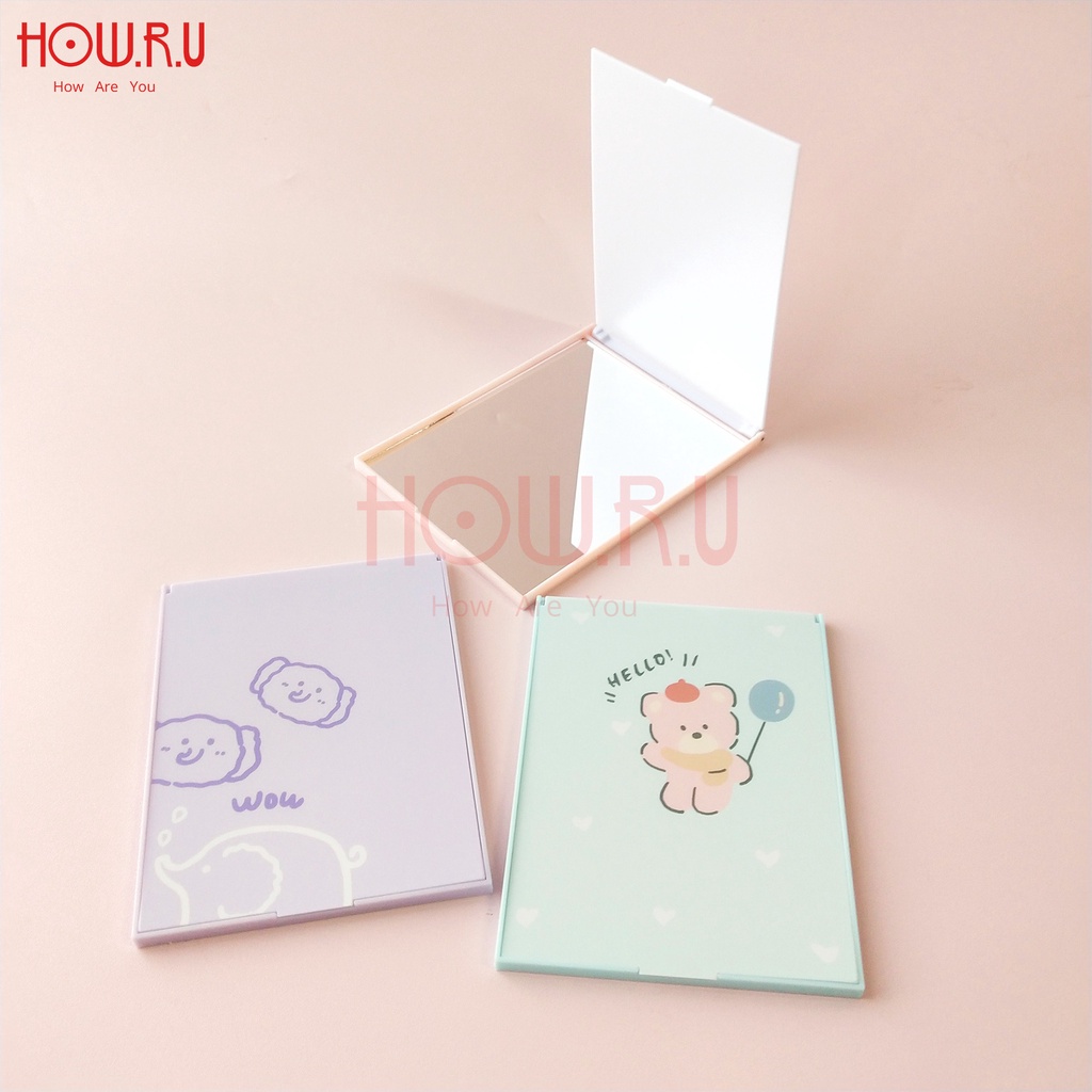 HOW.R.U | 13 x 10 cm - Cermin Lipat / Cermin Saku Korean Style Warna Pastel Motif Karakter Lucu