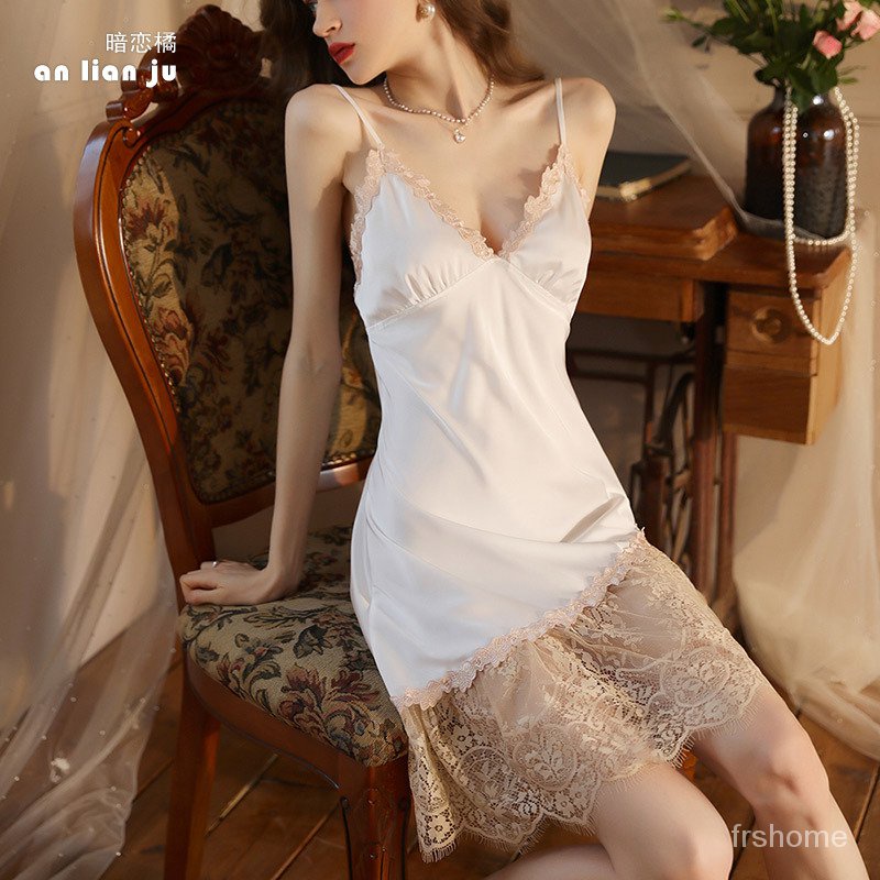 Musim Gugur dan Musim Dingin Piyama Gadis Nyaman Pakaian Dalam Satin Renda Suspender Rok Piyama Wani
