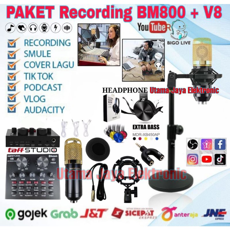 Paket Komplit Microphone BM800 Soundcard V8  Stand Meja Home Recording Terbaik