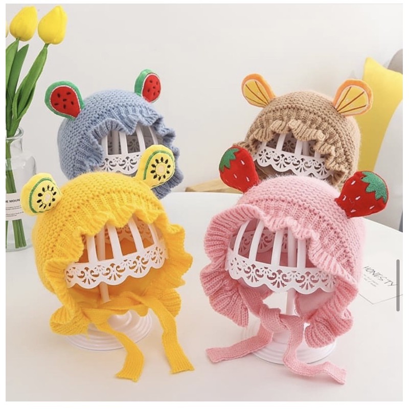 Topi Kupluk Rajut Casual Handmade Aksen Bonet Bonnet Ruffle untuk Bayi Perempuan Usia 0-3Tahun VC