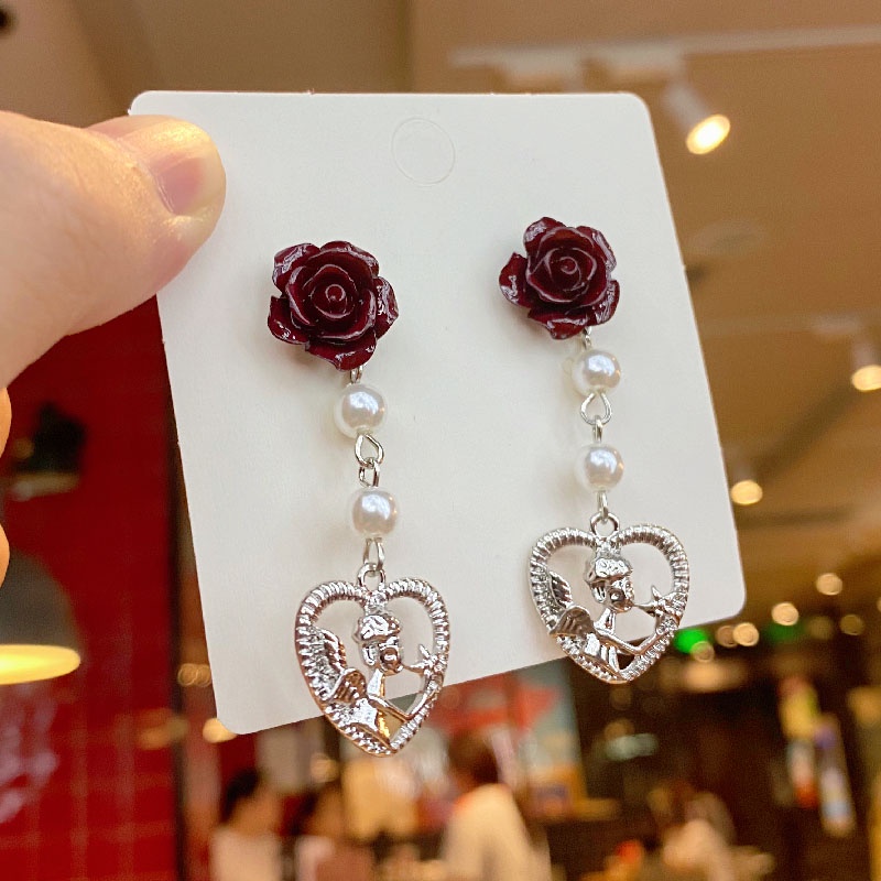 Anting Bentuk Bunga Mawar Warna Merah