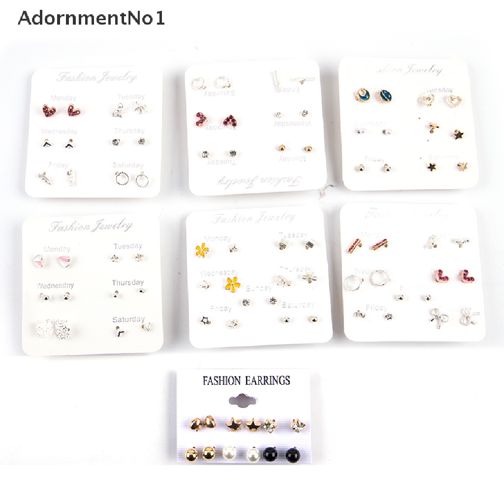 (AdornmentNo1) 6-7 Pasang / set Anting Tusuk Motif Hati / Daun Aksen Kristal / Berlian Imitasi Untuk Perhiasan Wanita