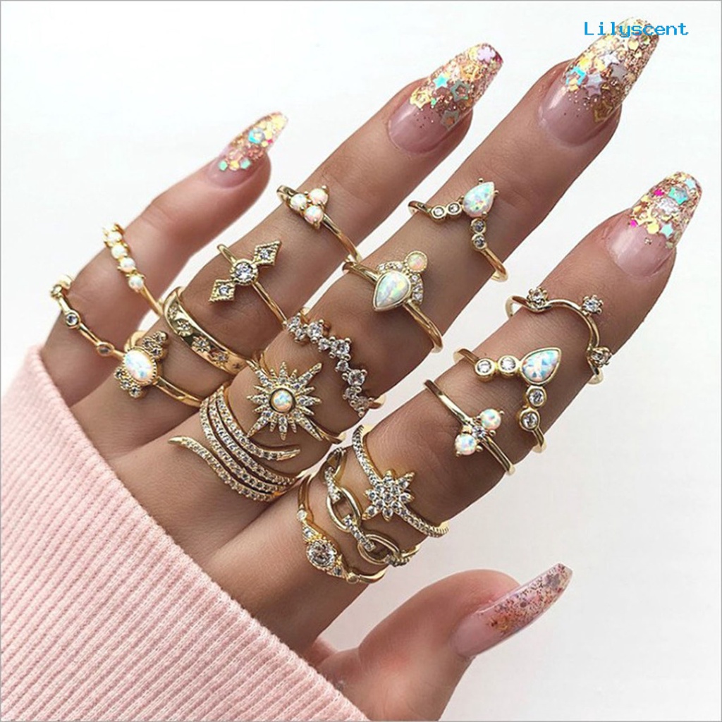 17pcs Cincin Knuckle Geometris Berlian Imitasi Gaya Vintage Untuk Wanita