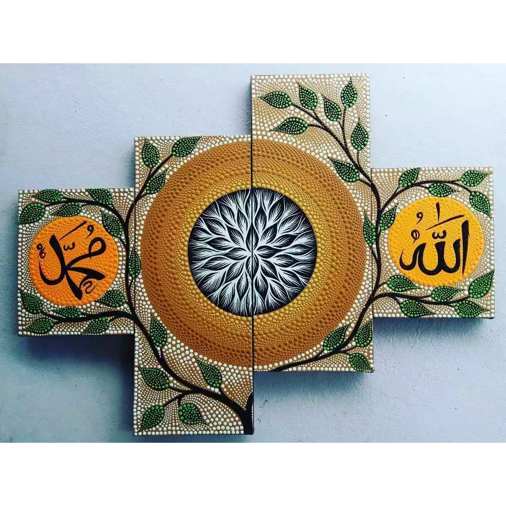 Lukisan Kaligrafi Allah Muhammad Daun Circle Orange Full Dot Paint