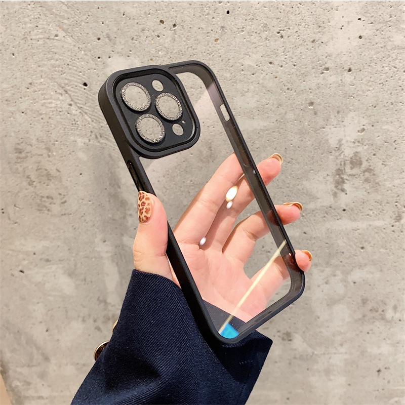 Color border case iphone camera protector 11 pro max 13 12 pro max simple transparent metal shiny lens drop shockproof protective case