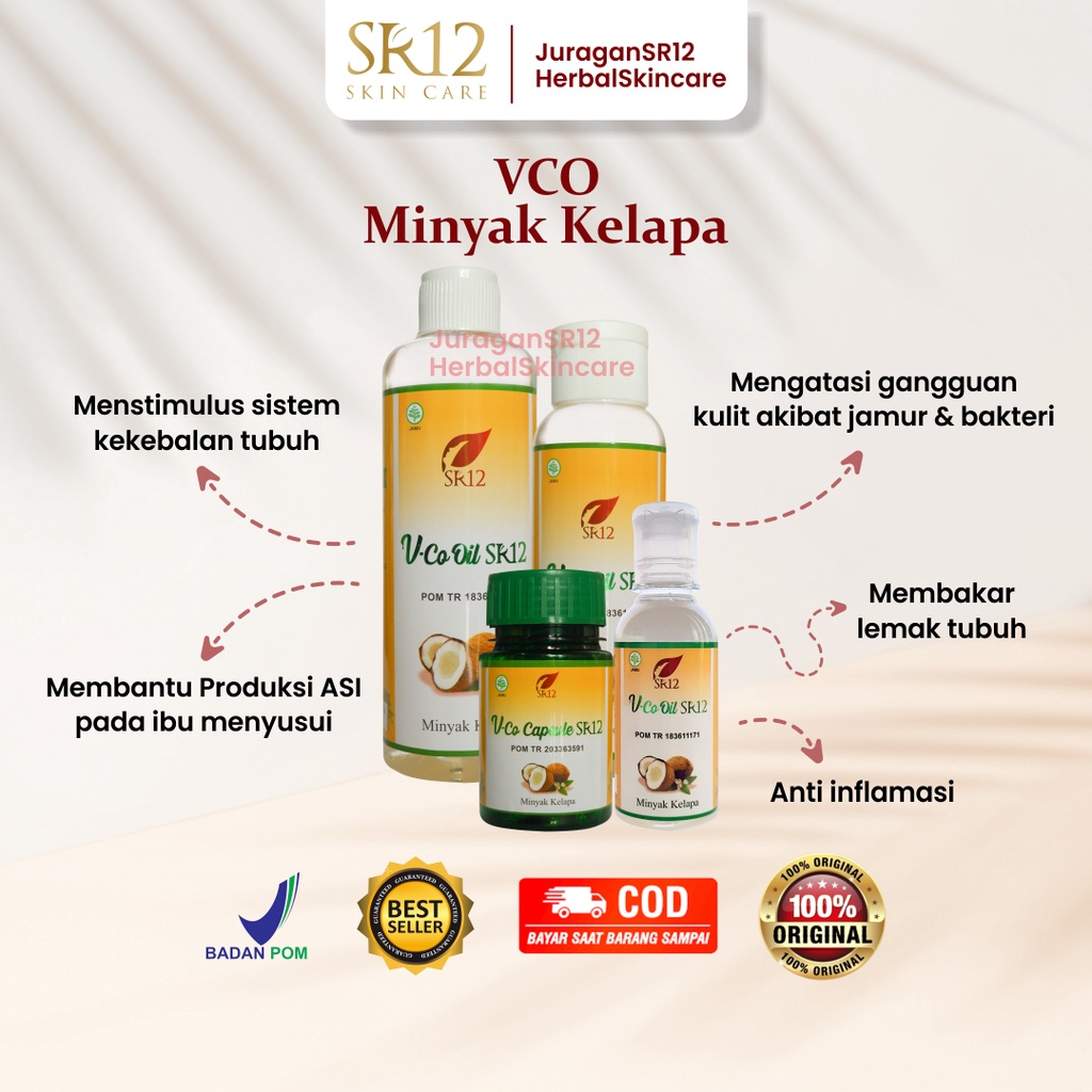 VCO Virgin Coconut Oil SR 12 Minyak Kelapa Murni Pelembab Bibir Kulit Kering Anti Ketombe Penghilang Kerutan Di Bawah Mata Wajah Pria Wanita Perawatan Rambut Imun Booster Buster 60 100 250 ml