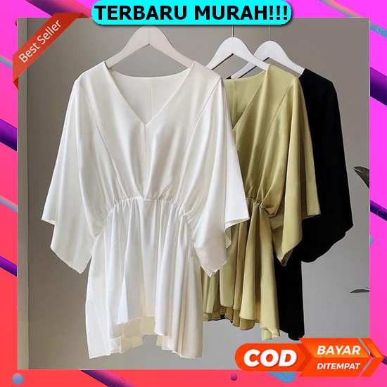 Kemeja Wanita Oversize Korea Polos Lengan Panjang Casual Putih Atasan Cod - Nami Blouse Batwing Seru