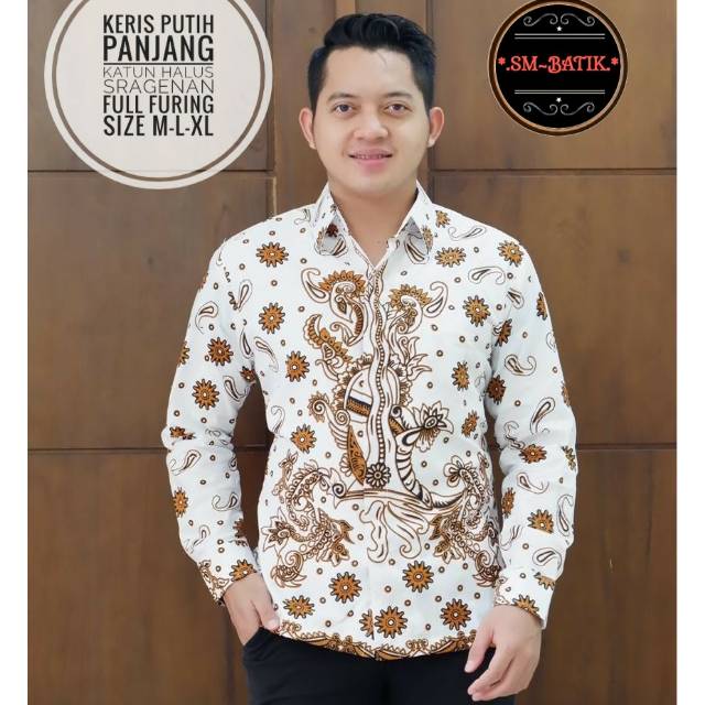 Kemeja Batik/Hem Batik KERIS PUTIH Lapis Furing Bahan Katun Sragenan