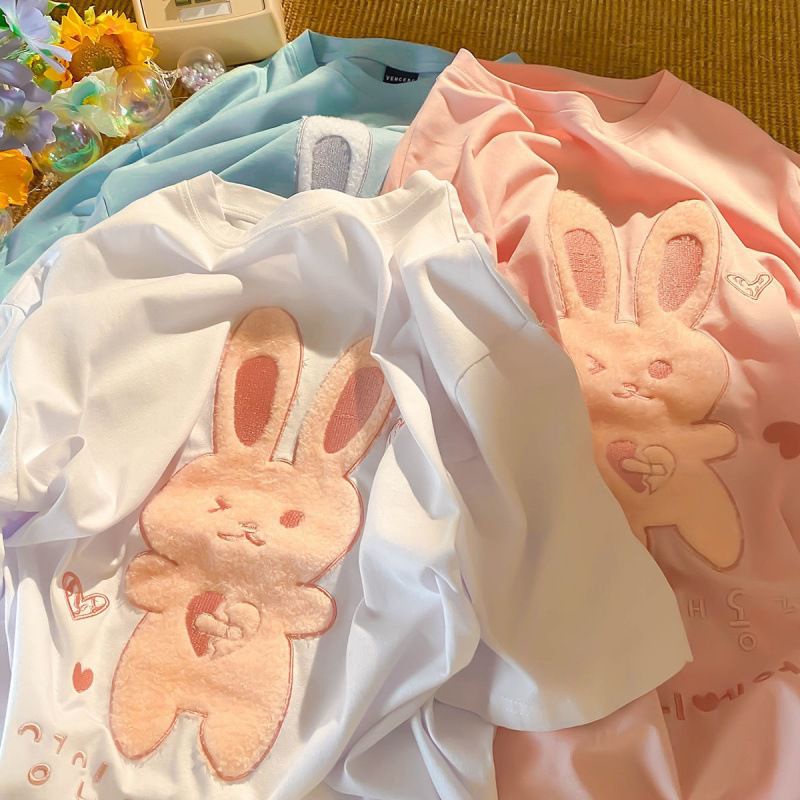 [littlecrab] Kaos Oversize Bunny Bulu With Korean Letter Writing Tshirt Kelinci Lembut Berkualitas T-shirt Bunny Love Soft Color Putih Pink Biru Kaos Unik Cute Tshirt With Soft Fur Kaos Couple Unisex Korean Style