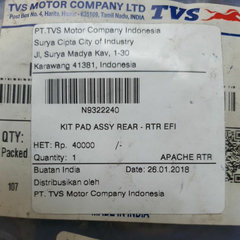 Dispad Belakang Apache/ Tormax/ Rockz TVS ori