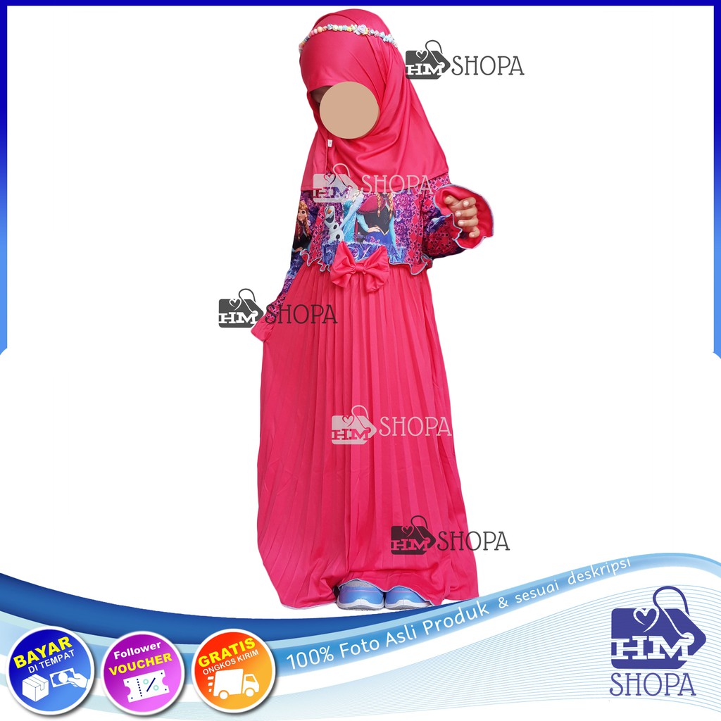 HMshopa Gamis Anak FROZEN Baju Muslim Anak Perempuan Baju Dress Pergi Ngaji Gamis Anak Plisket