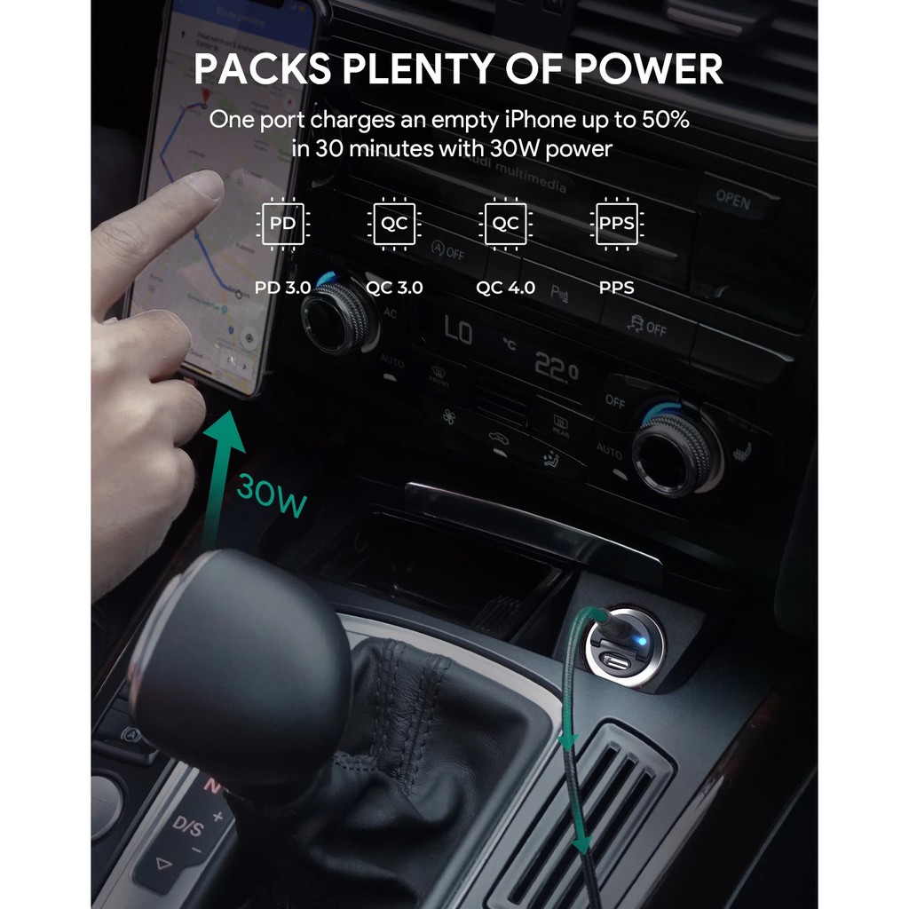 AUKEY CC-A4 - 30W Dual Port USB-C Car Charger