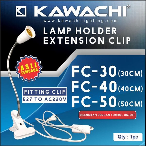 Kawachi Lamp Holder Extension Clip Fitting Sambungan Bohlam Saklar Jepit Meja Clip 30cm / 40cm / 50cm Fleksibel Lampu E27 Socket Downlight