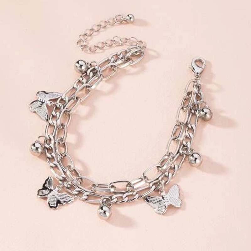 Butterfly Gelang Manik-Manik Aksen Kupu-Kupu Rumbai Ganda Bahan Stainless Steel Gaya Hip Hop Untuk Wanita