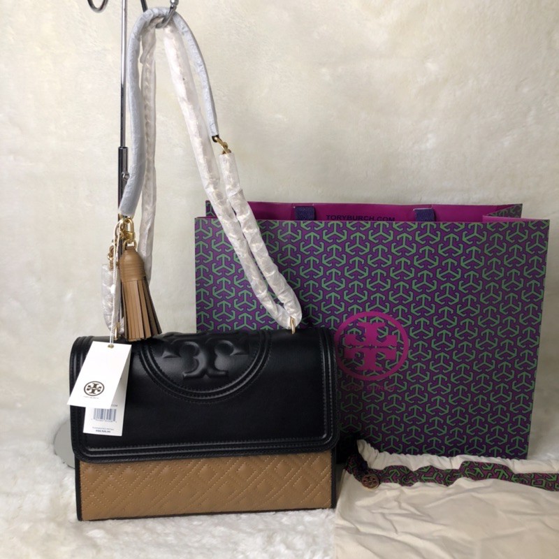 Tory Burch Fleming Colorblock Convertible Shoulder Bag Tas Original Authentic Hitam Coklat Putih