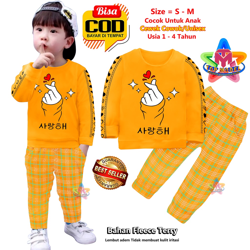 Setelan Baju Anak Saranghaeyo UNISEX 1-4 Tahun Cewek Cowok,TM0008B terbaru dan termurah Bahan Fleece Terry