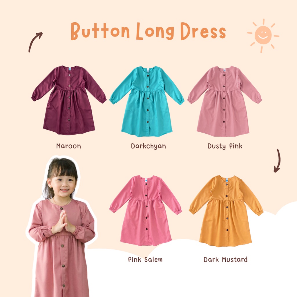 Yobebee Button Long Dress Anak Perempuan Usia 2 3 4 6 8 Tahun Baju Gamis Anak Gaun Babydoll Korea Da