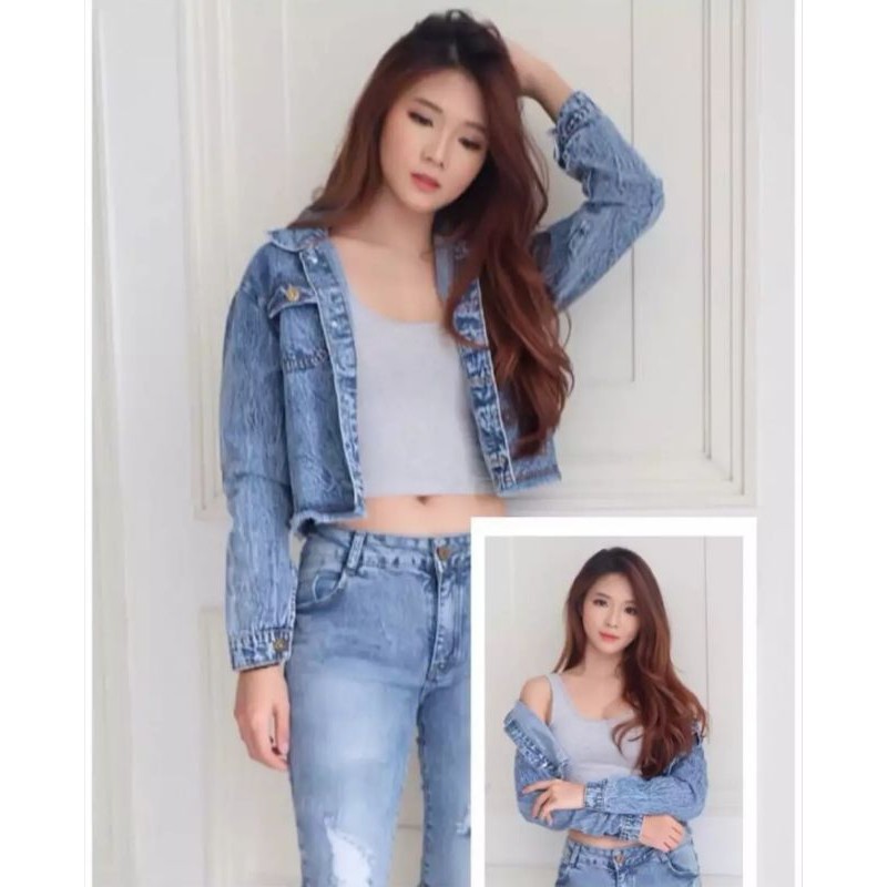 BISA COD JAKET JEANS CROPPED RAWIS SNOW BLUE