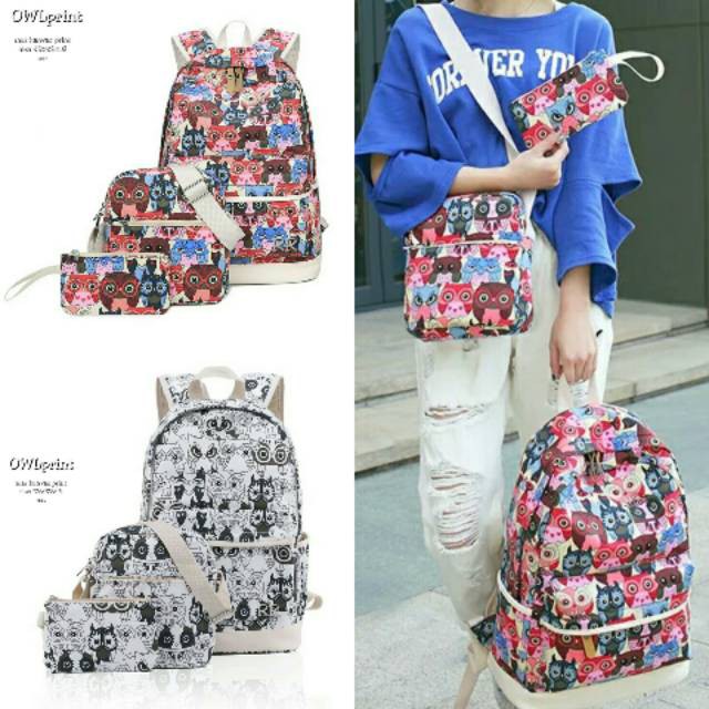 Owl Set 3in1 Backpack Tas Fashion Wanita Ransel Gendong Cewek Murah Bagus Sekolah Anak Lucu Bandung