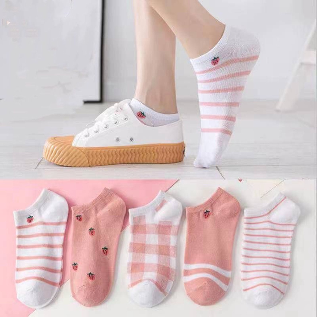 ☛TK☚ Kaos Kaki Wanita Motif Kotak Pink Strawberry Fashion Korea Women Sock Import R601