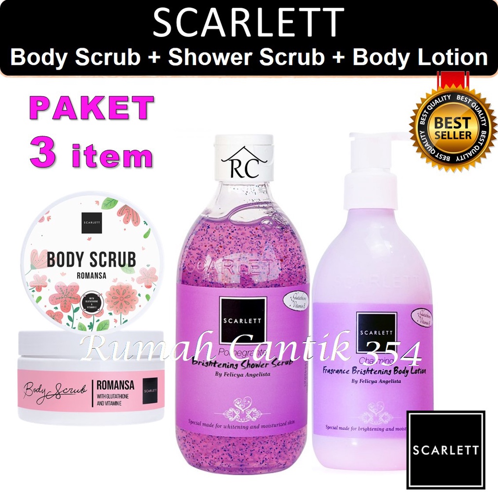 Paket 3 in 1 Body Care Scarlett Whitening Body Scrub Romansa + Shower Scrub Pomegrante + Body Lotion Charming Rumah Cantik 354 Perawatan Tubuh