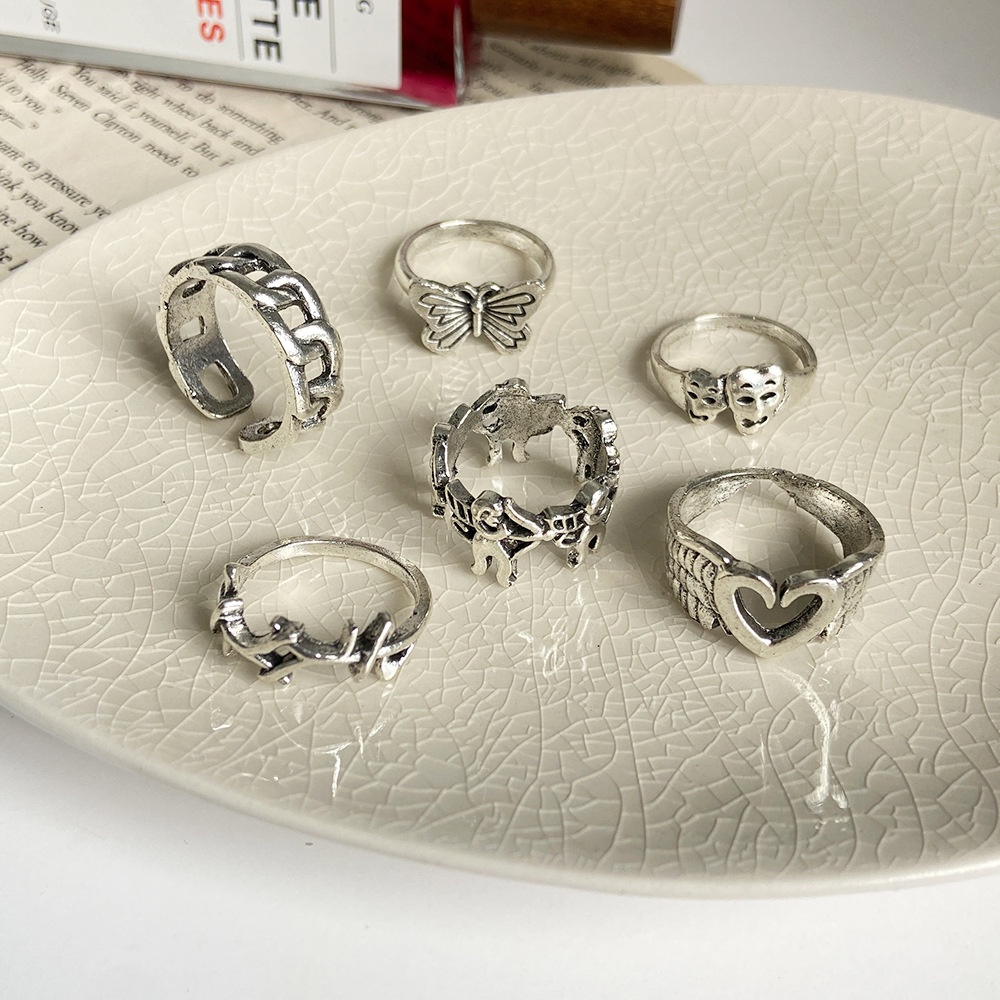 YEEZII 5pcs / Set Cincin Model Terbuka Adjustable Desain Hati Butterfly Hollow Out Warna Silver Gaya Retro Untuk Wanita