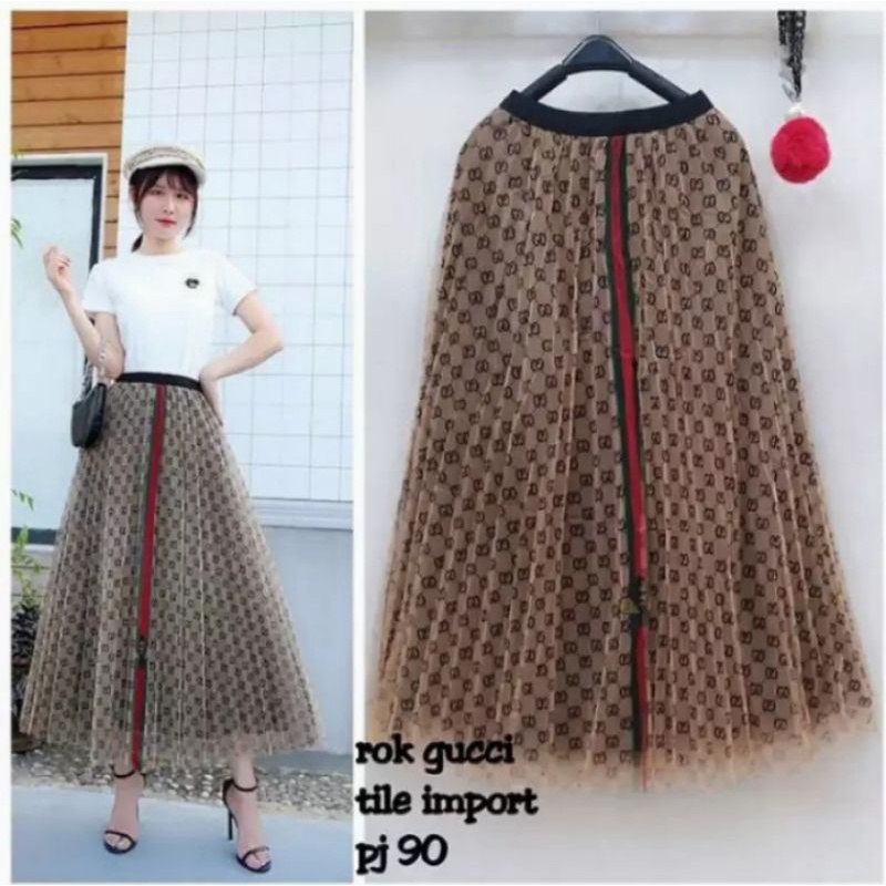 ROK TUTU MOTIF GUCCI WANITA DEWASA PANJANG PREMIUM IMPORT FULL PLISKET LUAR DALAM