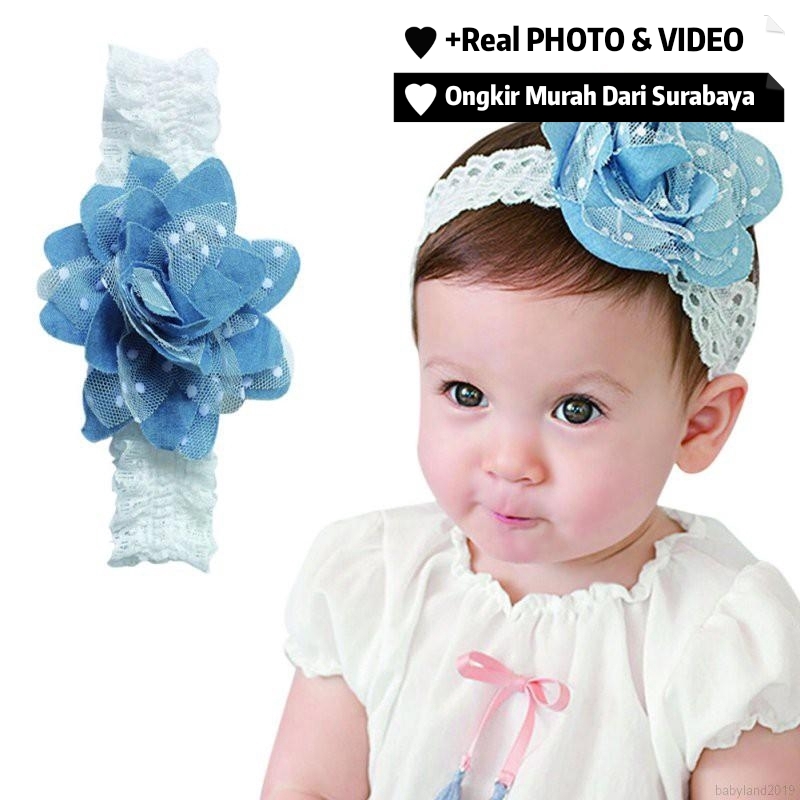 Amimommy Bandana Bayi Anak Bunga Besar Biru dengan Renda dan Tile Dot Import Cantik