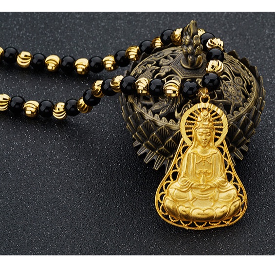 Kalung Rantai Emas Asli Kadar 375 Liontin Guanyin Bodhisattva Gaya Etnik Untuk Aksesoris Pria