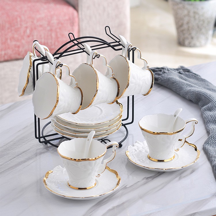 Cangkir Saucer Set Marble 6 PCS dengan Gantungan Cangkir / Gelas Set / Cangkir Teh Kopi Set