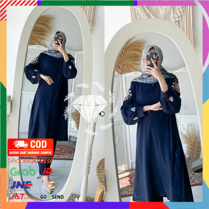 ✨ BISA COD ✨ Baju Atasan Tunik Baju Atasan Wanita Muslim Tunik Bordir Joana Fit XL - Navy