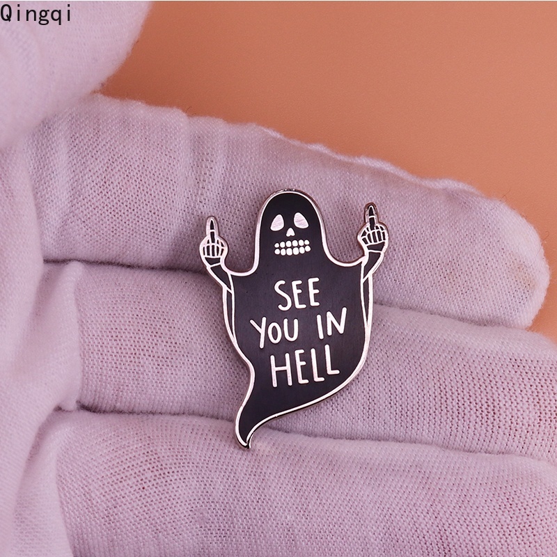 See You In Hell Bros Pin Enamel Desain Hantu Jari Tengah Tema Halloween