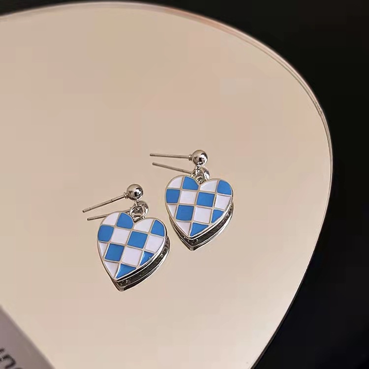 Anting Tusuk Gantung Bahan Sterling Silver 925 Desain Hati + Papan Catur Hitam + Biru Untuk Wanita