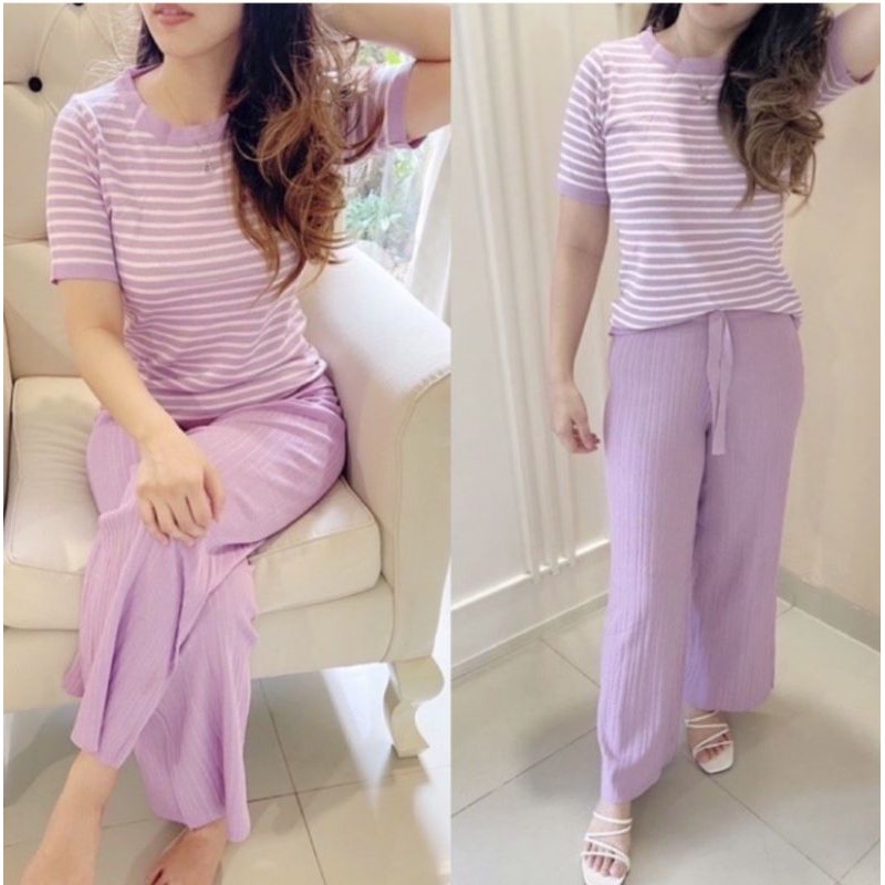 ONE SET RAJUT PREMIUM IMPORT (COD)-Lilac lengan pendek