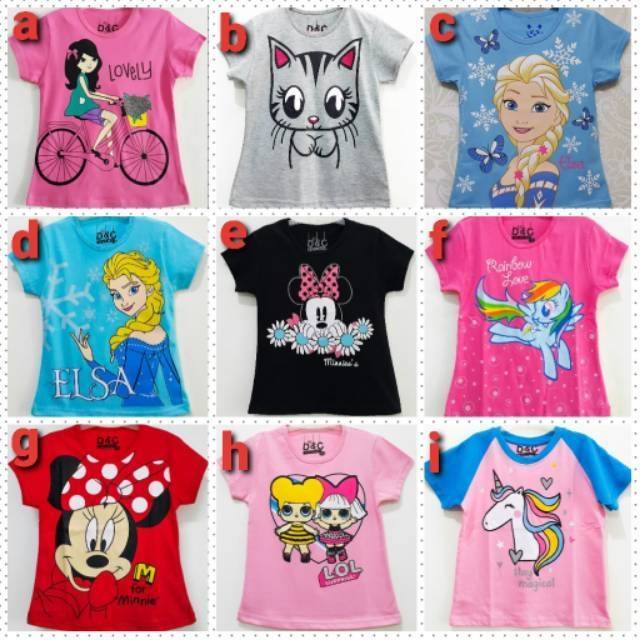 Ecer dan Grosir Kaos anak cewek / perempuan karakter 1, 2, 3, 4, 5, 6