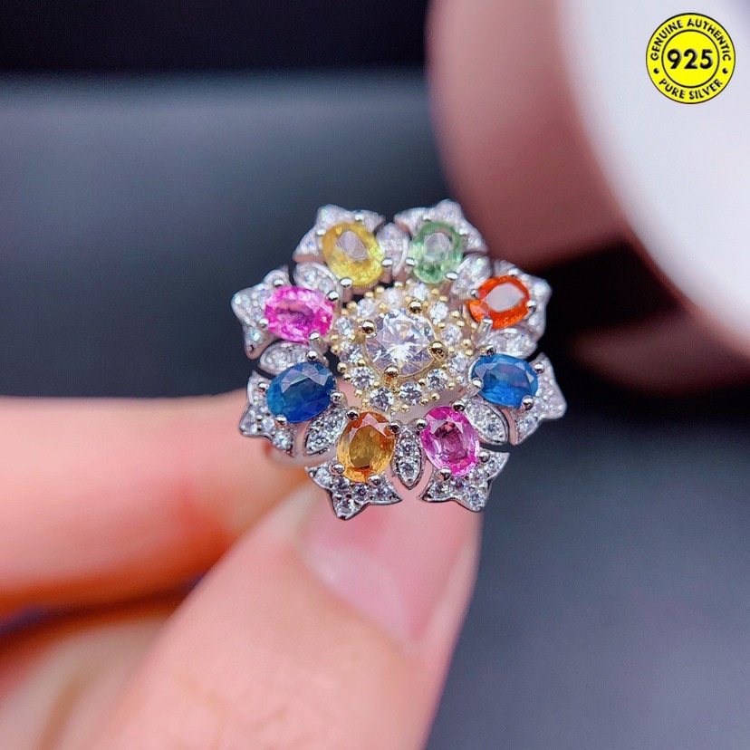 Cincin Model Terbuka Aksen Batu Permata Sapphire Warna-Warni