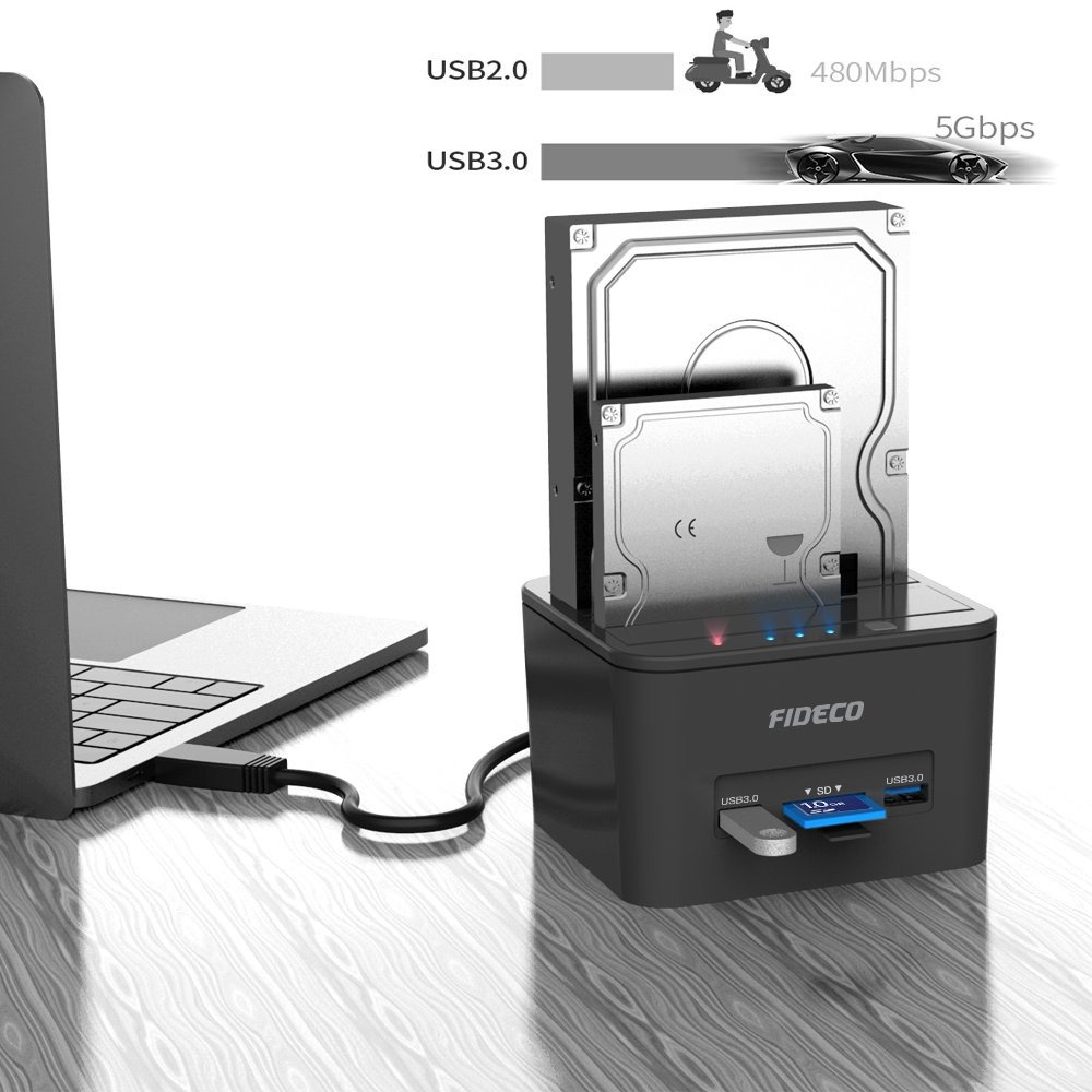 Docking Harddisk SSD 2 Bay Sata USB3.0 HUB Card Reader FIDECO YPZ04