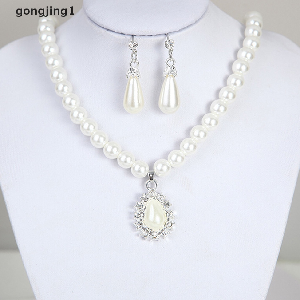 Set Perhiasan Kalung Rantai Anting Mutiara Kristal Drop Elegan Untuk Pesta Pernikahan