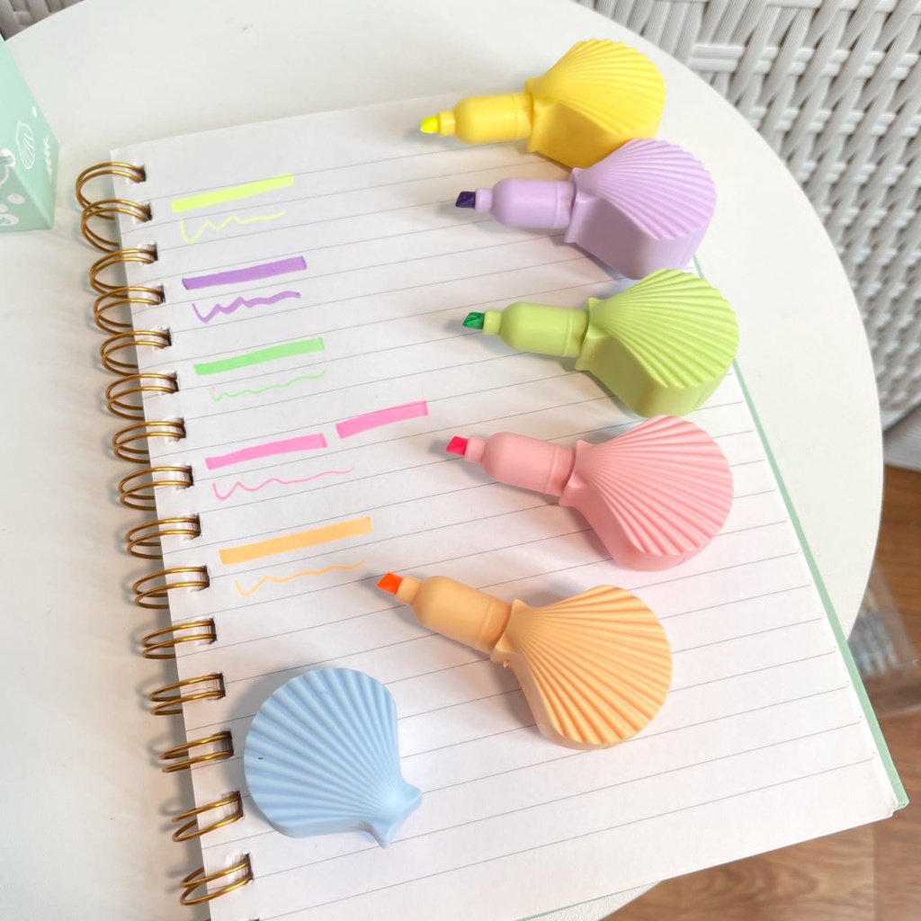 HIGHLIGHTER LUCU BENTUK KERANG SHELL 1SET STABILO IMUT ISI 5 PCS WARNA PASTEL UNIK BEST IMPORT QUALITY