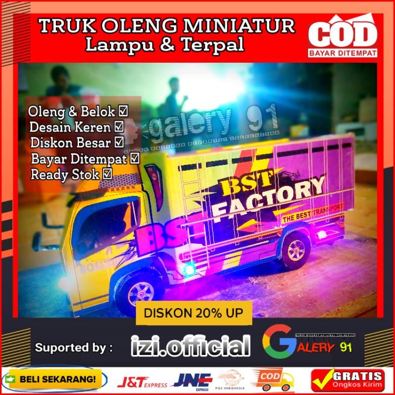 MINIATUR TRUK OLENG MINIATUR ANTI GOSIP MURAH FULL LAMPU TERPAL RODA KAYU