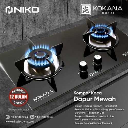 NIKO kompor Gas Kaca Tanam 2 Tungku Kokana Black 2.0 - Garansi Resmi 1 Tahun