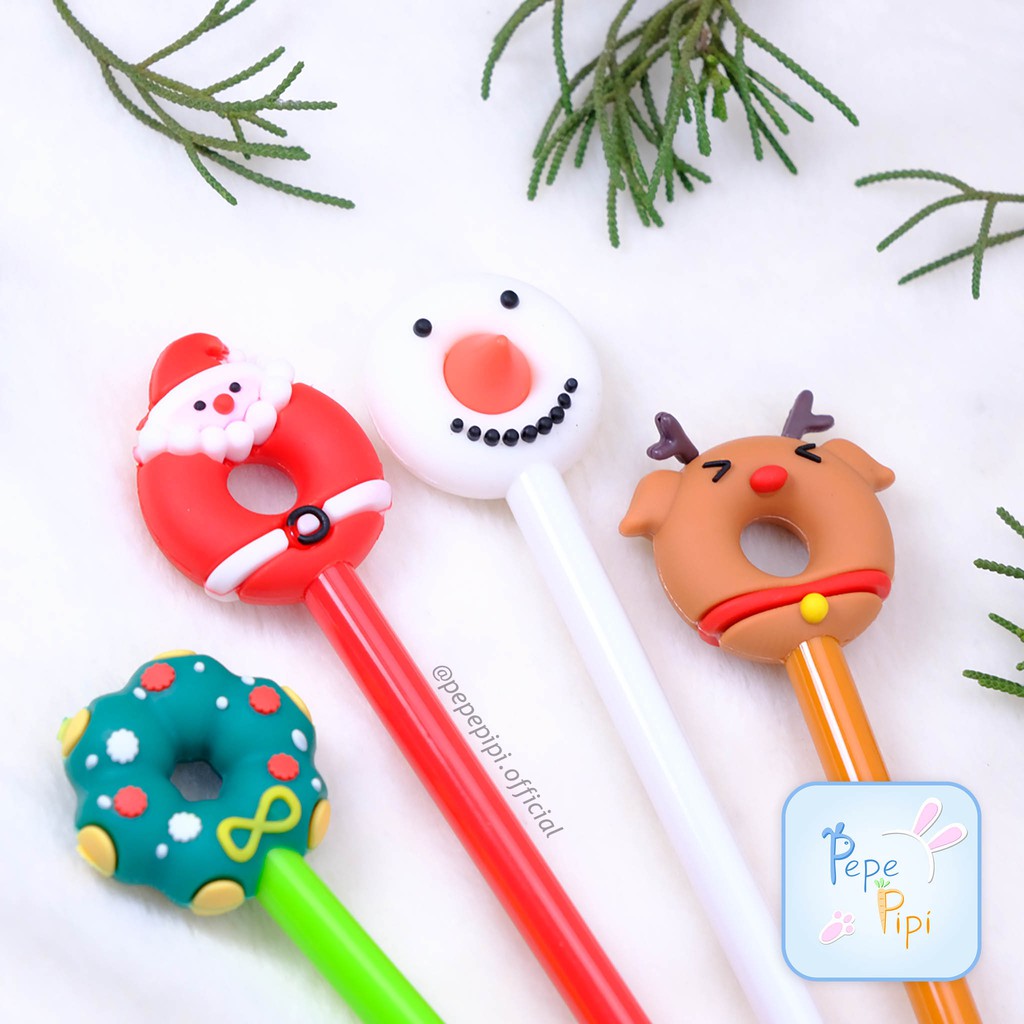 4 &amp; 12 Pcs Pena Natal Donat Santa Rusa Snowman Christmas Wreath Pulpen Pen Bolpen Gelpen Karakter