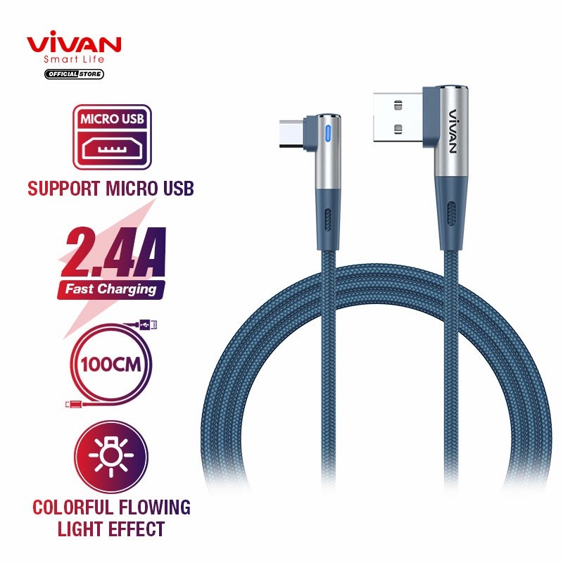 KABEL DATA GAMING MicroUSB VIVAN BWM100  Fast Charging 2.4A 100cm 90° Android - ORIGINAL garansi 1th