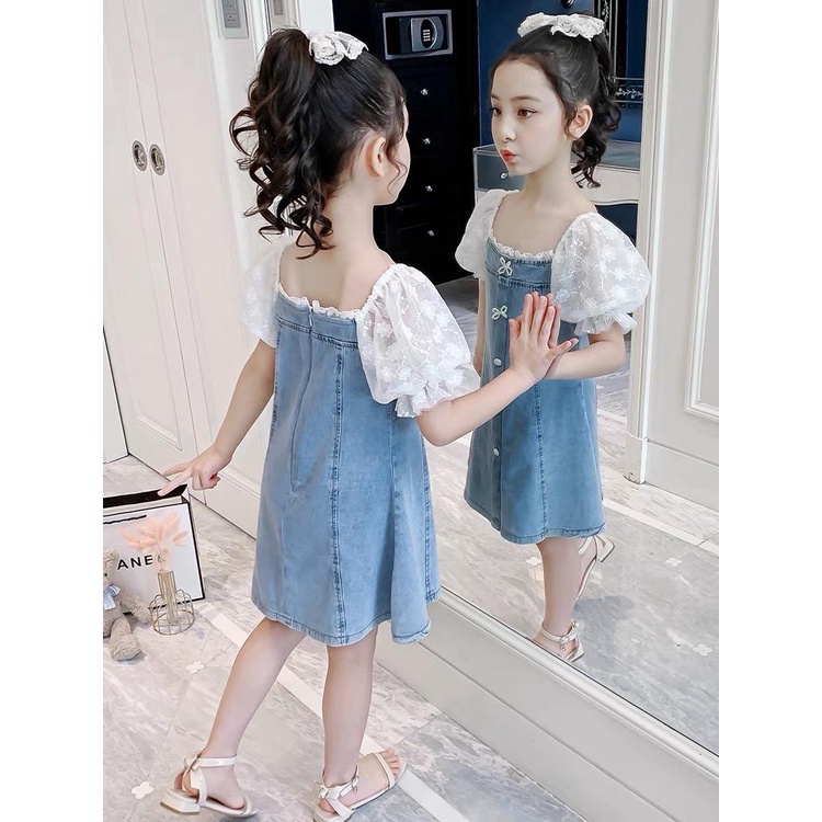 Dress Denim Anak Perempuan Import Motif Bunga Putih Mutiara