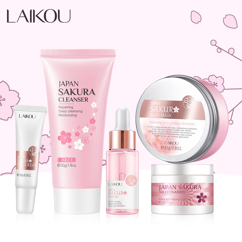 LAIKOU Japan Sakura Serum Glowing Skin Care Set Krim Penghalus Keriput