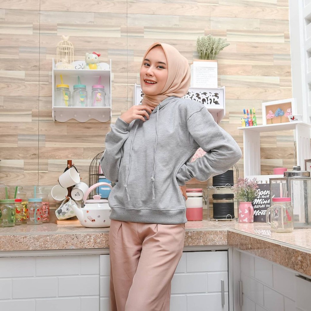 Hoodie Crop Bella - Allsize - Bahan Fleece - Wanita