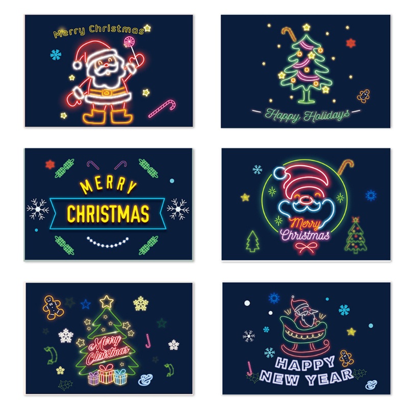 6pcs / set Kartu Ucapan Natal Dengan Amplop Stiker Neon Desain Pohon Natal Santa Claus