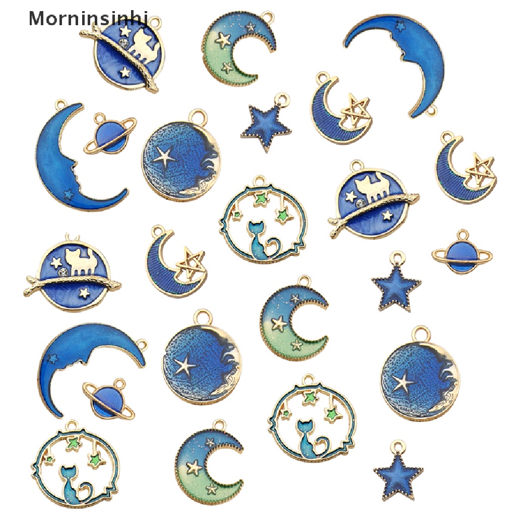 Mornin 24Pcs /Set Enamel Kucing Bulan Bintang Bumi Planet Charms Liontin DIY Membuat Perhiasan id